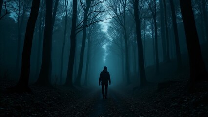 A person walks through a dense forest at night, surrounded by towering trees that block out the moonlight. The oppressive silence and feeling of being watched add to the eerie atmosphere, heightening 