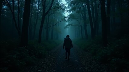 A person walks through a dense forest at night, surrounded by towering trees that block out the moonlight. The oppressive silence and feeling of being watched add to the eerie atmosphere, heightening 