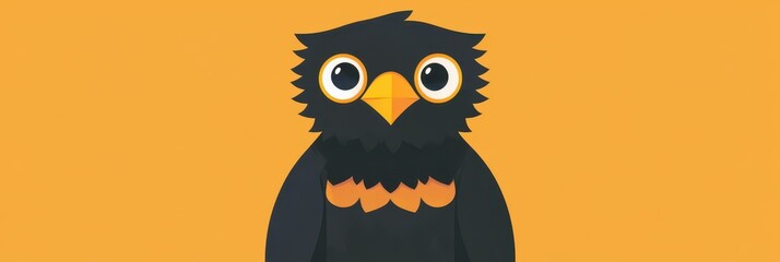 Fototapeta premium Illustration of a Stylized Black Cartoon Owl with Big Eyes and Bright Orange Beak on Vibrant Yellow Background Displaying a Playful Expression