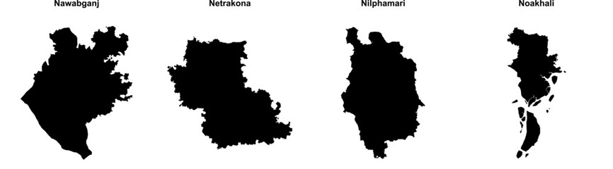 Nawabganj, Netrakona, Nilphamari, Noakhali outline maps