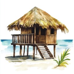 This watercolor illustration showcases a charming beach cabana with a thatched roof, located by the serene ocean. Its detailed texture enhances the cozy atmosphere