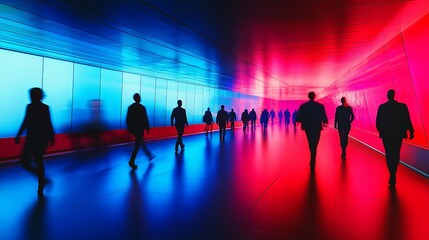 Silhouettes of People Walking Through a Futuristic Corridor with Neon Red and Blue Lights, Abstract Urban Scene of Innovation, Progress, and Movement in a Modern City Tunnel at Night