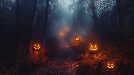 spooky forest path with glowing lanterns and jack-o-lanterns, foggy and eerie, high detail, mysterious and dark atmosphere, Halloween theme, rich orange hues