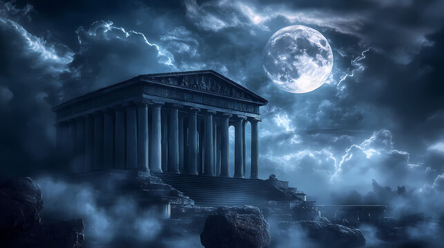 Mystical moonlit temple with fog and eerie atmosphere in a tranquil and mysterious night scene. Moonlit Temple. Illustration