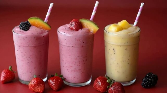 Colorful fruit smoothie row with fresh berries and mango slices