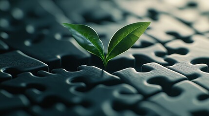Seedling Sprouting from Puzzle Pieces Representing Growth, Innovation, and Business Strategy with Interlocking Pieces Symbolizing Success, Sustainability, and Development Against a Dark Background