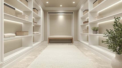 A serene dressing room featuring clean lines, neutral colors, and a clutter-free aesthetic. The stylish shelves enhance the functional decor while ensuring elegance.
