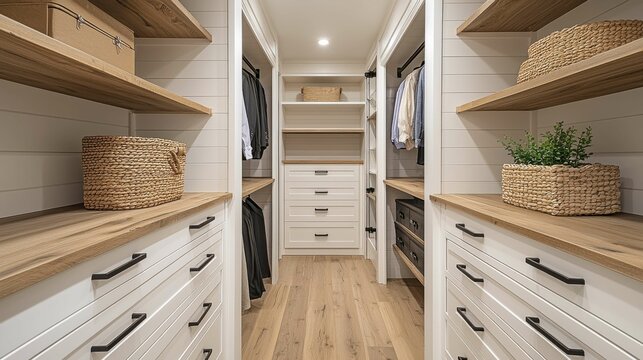 A stylish minimalist dressing room featuring neutral colors, wooden shelves, and a clutter-free aesthetic, ideal for organization and elegance.