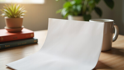 Blank paper on wooden table with a cup and plants in background