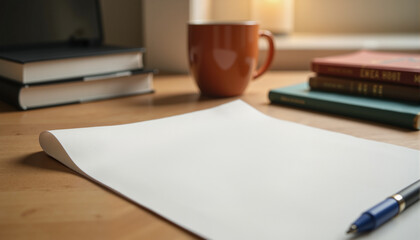 Workspace with empty paper and coffee mug