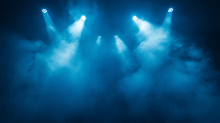 Obraz premium Illuminated stage with scenic lights and smoke. Blue spotlight with smoke volume light effect on black background. Stadium cloudiness projector