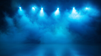 Obraz premium Illuminated stage with scenic lights and smoke. Blue spotlight with smoke volume light effect on black background. Stadium cloudiness projector