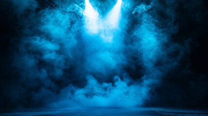 Fototapeta premium Illuminated stage with scenic lights and smoke. Blue spotlight with smoke volume light effect on black background. Stadium cloudiness projector