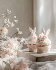 Fototapeta premium Bunny Ear Cupcakes with Spring Decor