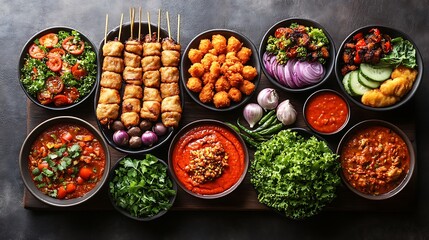 Delicious Asian Food Platter with Kebabs and Sauces