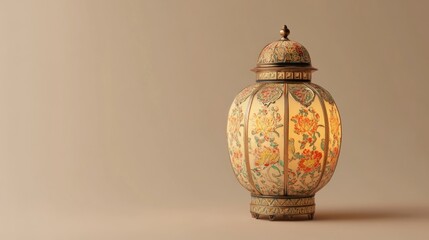 Illuminated ornate lantern, beige background, festive decor, Ramadan