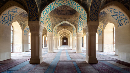 Obraz premium Intricate Persian Mosque Interior with Ornate Blue and Gold Geometric Patterns : Generative AI