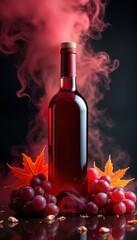 Obraz premium Elegant red wine bottle surrounded by smoke, red grapes. Autumn leaves add visual appeal. Luxurious display for special occasion romantic dinner. Wine bottle with smooth surface, intense color. Fresh