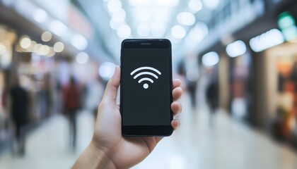 Person Holding Smartphone With Free Wifi In A Blurred Shopping Mall Environment. Mobile Technology In Retail Setting. Modern Connectivity In Shopping Area.