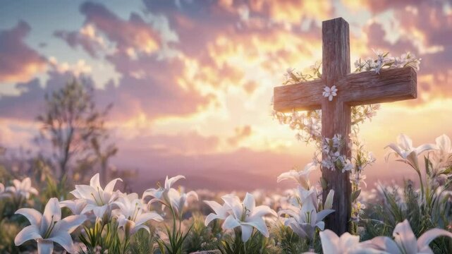 Serene sunset over cross and lily field