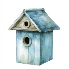 Detailed watercolor depiction of a charming birdhouse in serene blue shades, emphasizing its rustic texture and unique architectural features