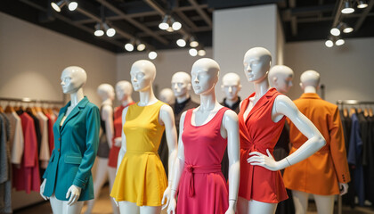 Vibrant mannequin display showcasing high fashion attire in boutique, retail aesthetics