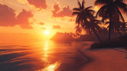 Sunset over a tranquil beach with palm trees, warm golden light, peaceful and inviting, highly detailed, calm and natural, tranquil and beautiful, idyllic and serene atmosphere