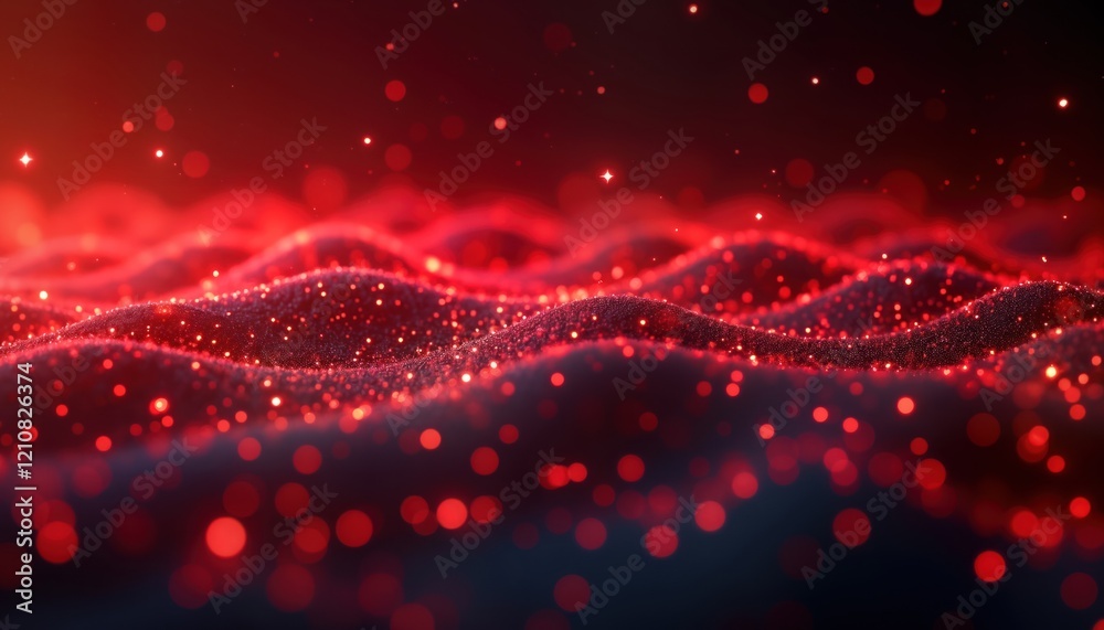 Poster abstract red background with glowing particles. wavy texture creates depth. digital art with vibrant