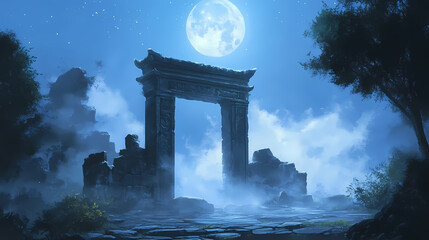 Fototapeta premium Ancient stone gateway, moonlit fog, blue sky. Moonlit Temple. Illustration