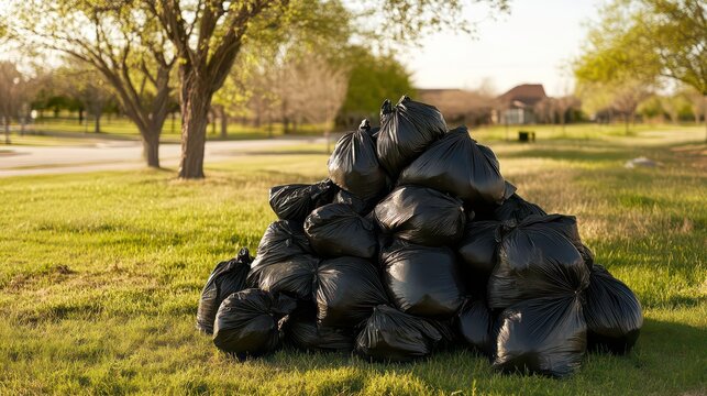 Large pile of black garbage bags on a grassy lawn.