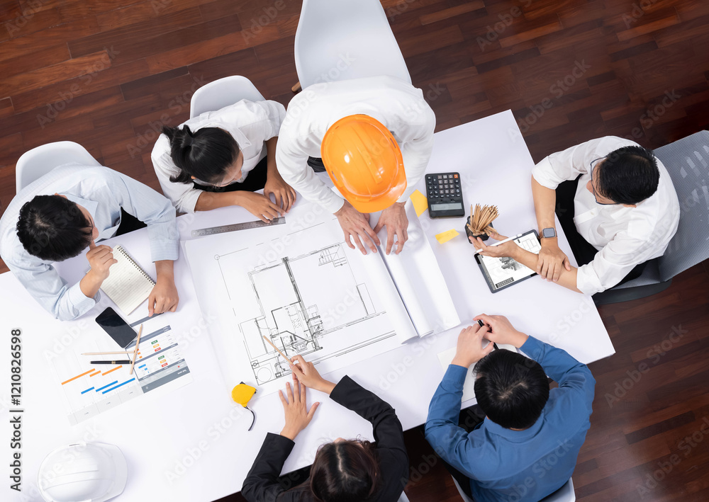 Poster top view banner of diverse group of civil engineer and client working together on architectural proj