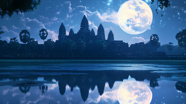 Angkor wat the iconic cambodian temple stands majestically against a backdrop of mystical moonlit skies its reflection mirrored in the tranquil waters. Moonlit Temple. Illustration