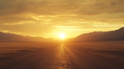Sunset over an open road, leading into distant mountains, warm golden light, vast sky, cinematic landscape, high resolution