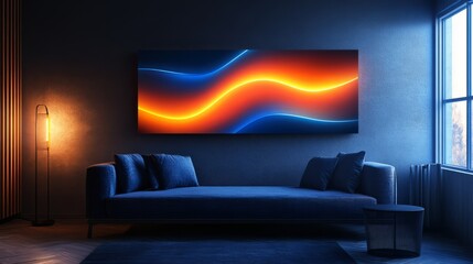 Radiant futuristic design with curved neon blue and orange light rays illuminating a dark blue canvas