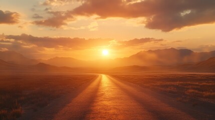 Obraz premium Sunset over an open road, leading into distant mountains, warm golden light, vast sky, cinematic landscape, high resolution