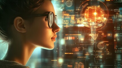 Young Woman Interacting with Holographic Interface and Virtual Reality Technology, Exploring Future Innovation, Artificial Intelligence, Data Analysis, and Cyberpunk Neon Light Visualization