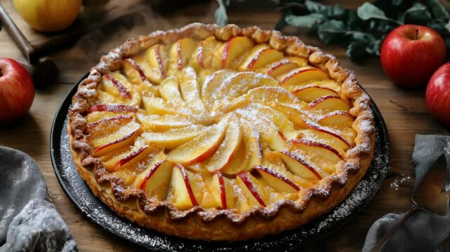 Rotating peach and apple tart with powdered sugar garnish on rustic table