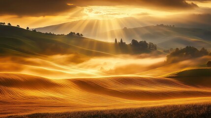Obraz premium Golden sunrise illuminating rolling hills and fog-covered fields.