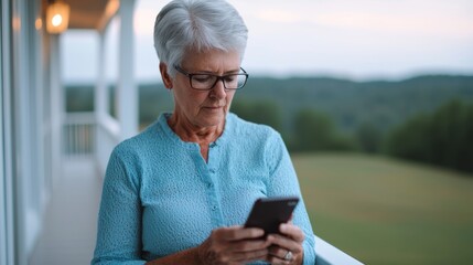 Obraz premium Relaxed Senior Woman Checking Smartphone on Balcony in Beautiful Natural Setting