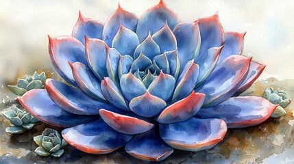 Watercolor painting of a blue echeveria succulent with red tips, surrounded by smaller succulents.