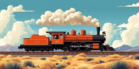 Naklejka premium Historic steam locomotive traveling through desert landscape with vibrant sky and mountains in background, emitting voluminous steam clouds.