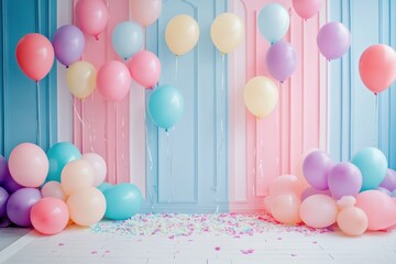 Pastel balloons, party backdrop, studio, confetti floor, photoshoot