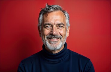 Obraz premium Senior man with gray beard, mustache smiles at camera against red background. Studio portrait. Happy mature person. Cheerful expression. Older gentleman looks positive. Stylish, content. Studio shot