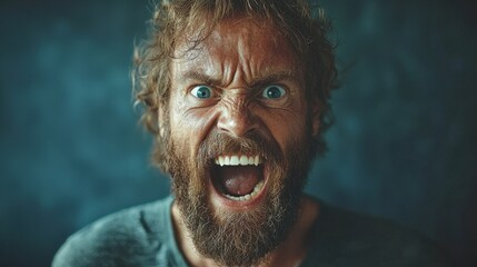 Intense expression from a bearded man showing raw emotion in a dramatic setting with blurred background
