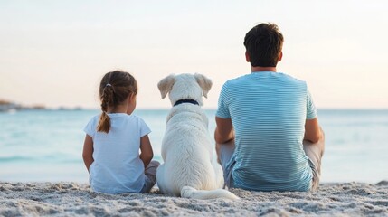 Family Bonding Moments at the Beach with a Dog Watching the Sunset Together