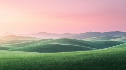 Tranquil meadow of green hills under a gradient pink sky