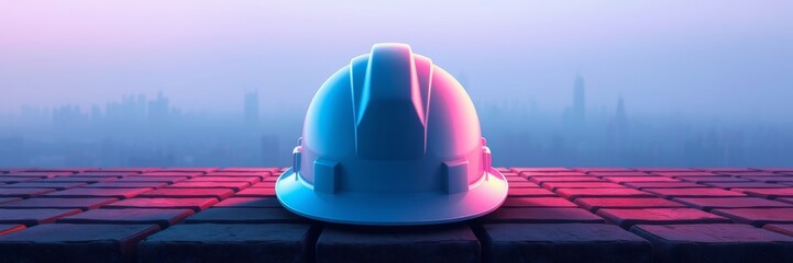 Construction helmet in vibrant lighting conveying safety and labor pride on a brick surface with a city skyline backdrop