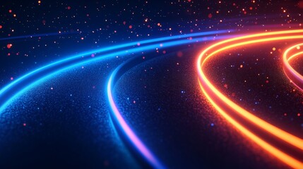 Abstract glowing arcs of neon blue and orange light, creating dynamic patterns on a deep dark blue background 