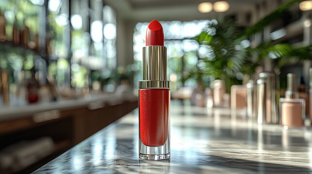 Bright red lipstick stands upright on a marble counter in a well-lit beauty shop surrounded by makeup products