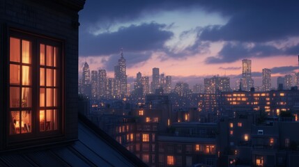 urban rooftop view at twilight, city skyline with glowing windows, warm evening light, quiet and serene mood